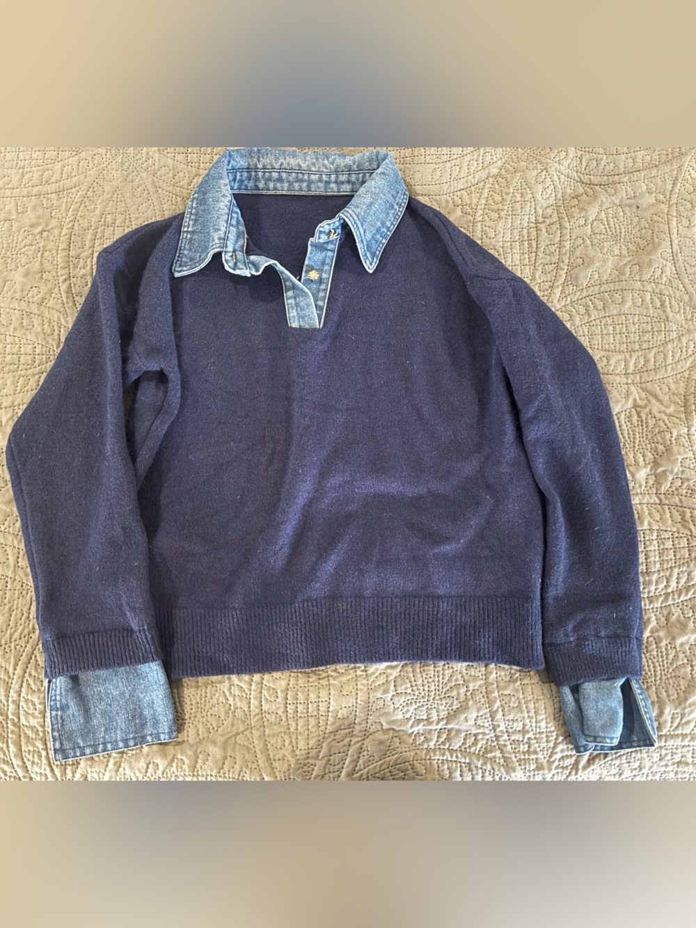 Navy Women's Pullover Sweater with Denim Collar